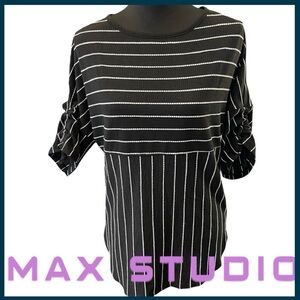 Max Studio Black/White Stripe Crew Neck Ruche Elbow Length Sleeve Top (S)